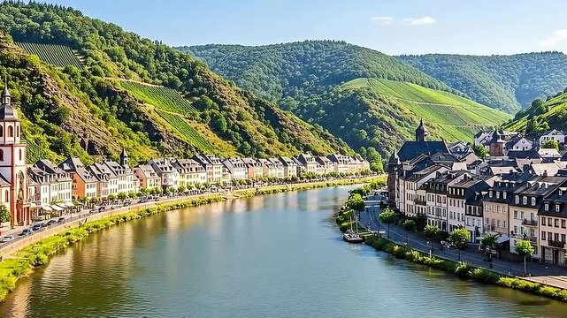 Scenic View of Cochem Germany Along Moselle River with Lush Green Vineyards on Hillsides Against a Clear Blue Sky