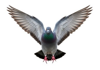 Obraz premium A majestic pigeon with wings spread wide in mid flight against a pure white background