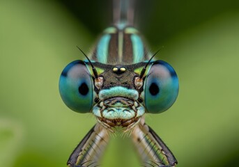 Intense macro portrait of a damselfly s striking blue and green eyes and head