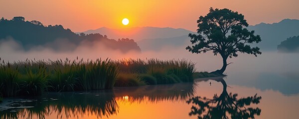 Obraz premium Golden sunrise paints the misty river with warm light, illuminating tall reeds and a solitary tree on the bank; tranquil summer morning scene, nature, reeds, sunlight