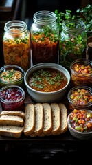 Many jars of food on a table with bread homemade food culture food background vertical background