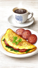 A colored pencil style drawing of a breakfast omelette with pepperoni and spinach, served with a hot coffee.
