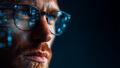 Close up of focused man wearing glasses with digital code reflection. Concept of cybersecurity, data analysis, artificial intelligence, software development, modern technology, and innovation.