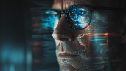 Close up of focused man wearing glasses with computer code reflection. Concept of cybersecurity, programming, artificial intelligence, data analysis, digital technology, and innovation.