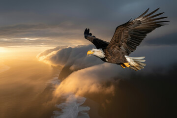 Obraz premium Majestic Bald Eagle Soaring Over Misty Coastline at Sunset