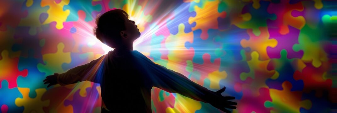 Silhouette of a joyful child with open arms on a vibrant puzzle background. Symbol of autism awareness, neurodiversity, inclusion, education and hope. Perfect for campaigns and social projects.
