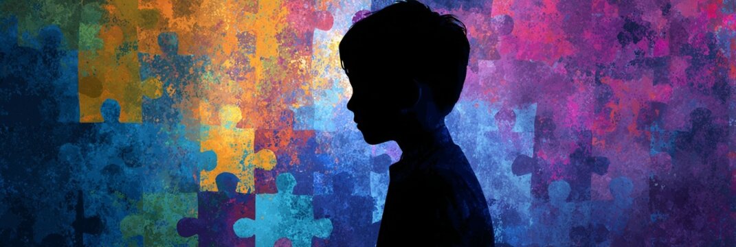 Silhouette of a child on a colorful puzzle background symbolizing autism awareness, neurodiversity, education and inclusion. Perfect for campaigns, social projects and healthcare design.
