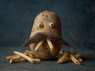 Funny potato with french fries and a mustache.