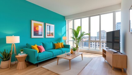 Fototapeta premium Modern apartment living room with a vibrant turquoise couch, large windows, and minimalist decor, modern apartment, living room, house