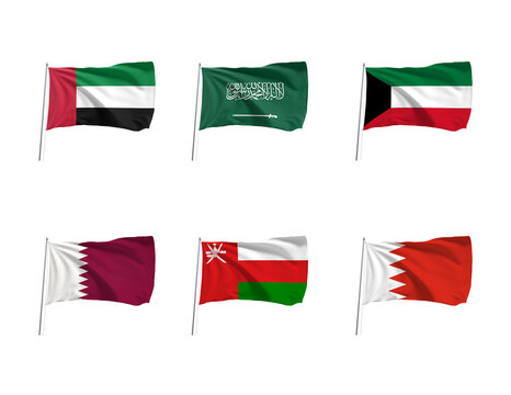 Collection of GCC country flags displayed on a clean white background. Includes United Arab Emirates, Saudi Arabia, Kuwait, Qatar, Oman, and Bahrain flags. Ideal for education, culture, events, and me