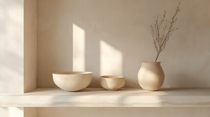 Three ceramic vessels and a dried plant branch isolated on white background