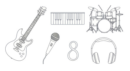 A collection of musical instruments and audio equipment, including a guitar, keyboard, drums, microphone, and headphones.
