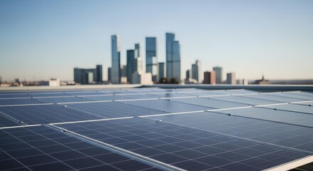 Solar panels with futuristic city skyline in background