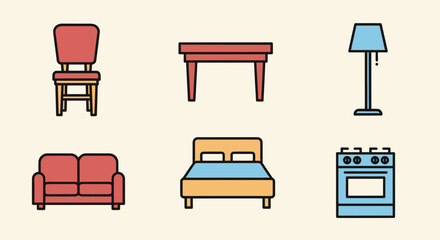 Furniture icons: chair, table, lamp, sofa, bed, and stove.