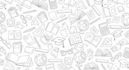 Monochrome illustration of various school supplies, including books, globes, and graduation caps, scattered across the surface.