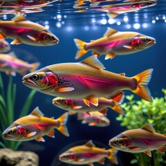 Fototapeta premium Vibrant rainbow trout swim gracefully in a spacious aquarium, their iridescent scales shimmering under the water's surface, large aquarium, bright