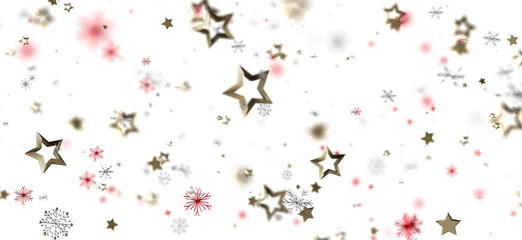 Abstract Christmas background of golden stars and snowflakes.  Holiday backdrop design with blurred details.  Winter season festive background.