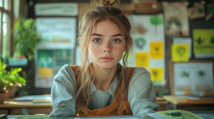 School teacher in a classroom filled with eco-awareness posters