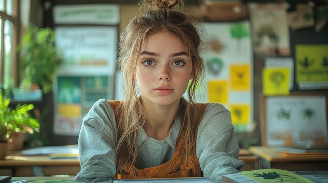 School teacher in a classroom filled with eco-awareness posters