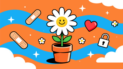 Smiling flower in pot with bandages and heart