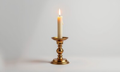 A lit candle in a golden candlestick, isolated on a pure white background, religious, cozy