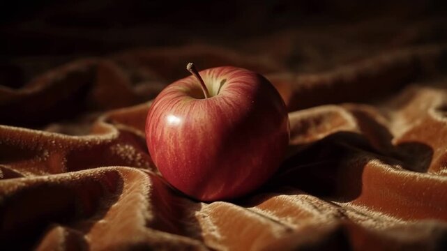 A red apple on a brown textured surface, lit from the side.