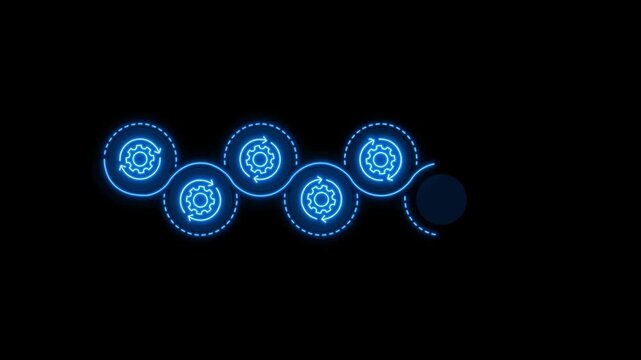 Neon Blue Interconnected Gears Icon on Black Background. gears, cogs, interconnected, process, workflow, system, mechanism, technology, engineering, industry, innovation, connection