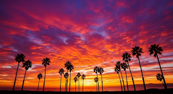 A dramatic sunset sky with vibrant red and purple clouds over palm trees. A beautiful and serene tropical scene for travel, relaxation, and dramatic nature. Generative Ai. - Powered by Adobe