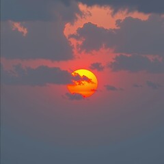 Minimalist sunset scene: vibrant orange sun peeking through a break in moody, dark clouds, clouds, atmospheric, color