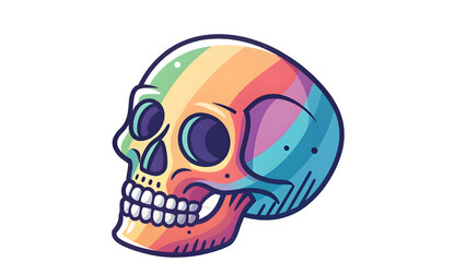 Fun cartoon illustration of a human skull featuring a bright multicolor rainbow gradient pattern isolated on transparent background
