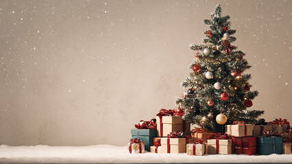 Christmas celebration with a decorated tree and gifts, ample copy space, and festive icons