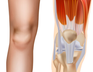 Human Knee Joint Anatomy with Muscles and Tendons Illustration. Medical Diagram of Knee Bones, Ligaments and Muscle Structure