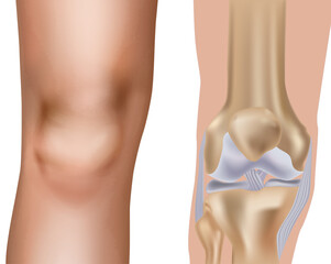 Detailed medical illustration of the human knee joint showing bones, ligaments, cartilage, and tendons. External view of the knee and an internal anatomical structure
