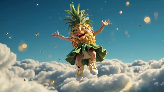 Joyful pineapple character dancing in the clouds, wearing a skirt and boots.