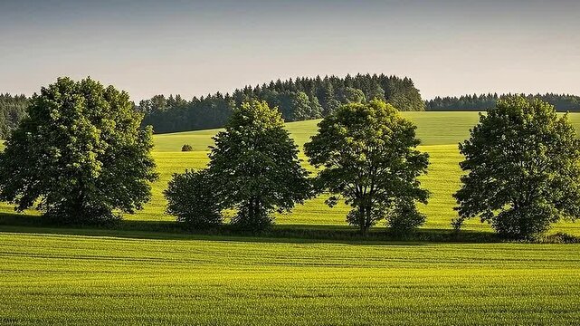 Lush Green Field with Trees in a Row Under Clear Sky at Daytime Scenery Landscape View of Rolling Hills and Meadow Nature