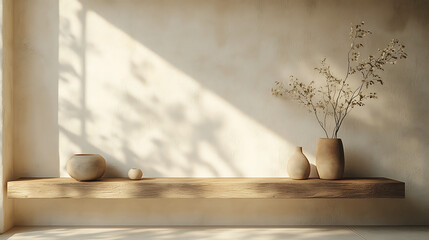 Rustic wooden shelf with decorative objects and sunlight isolated on white background