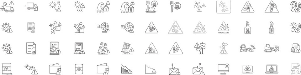 Risk & Warning Thin Line Icons Minimal 0.5px Safety Hazard Symbols Workplace, Construction, Cybersecurity, Health & Business Vector Set