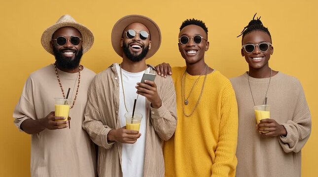 Four friends enjoy refreshing drinks while exploring the latest payment methods for their purchases in a vibrant cafe setting.