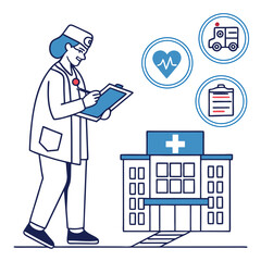 Doctor writing notes near hospital building