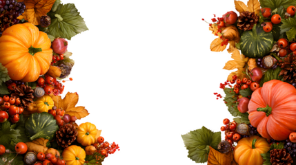 Warm autumn harvest frame with pumpkins, leaves, and berries for Thanksgiving designs, greeting cards, and seasonal promotions, creating a cozy, festive mood, perfect for Halloween designs, transparen