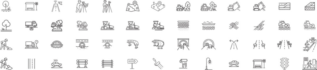 Road Infrastructure Thin Line Icon Set Construction, Survey, Drainage, Bridge, Traffic, Maintenance, Smart Road Vector Collection