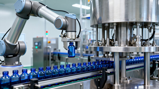 Robotic arm handling blue bottles on production line