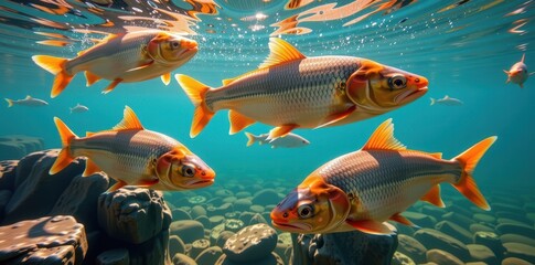 Fototapeta premium Large fish swim in a crystal-clear river, sunlight illuminating their scales and the smooth riverbed below, shimmering, underwater, freshwater