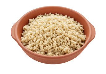 Isolated terracotta bowl of cooked quinoa, nutrient rich gluten free grain, healthy eating