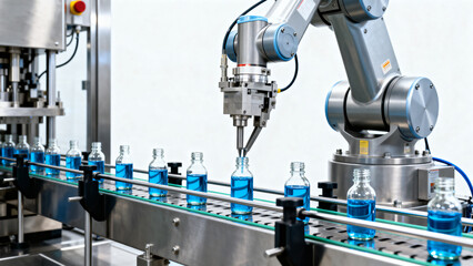 Robotic arm filling blue liquid bottles