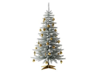 Isolated silver Christmas tree with gold ornaments for the winter holiday season decor