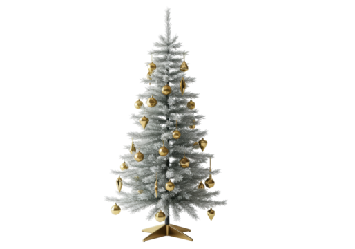 Isolated silver Christmas tree with gold ornaments for the winter holiday season decor