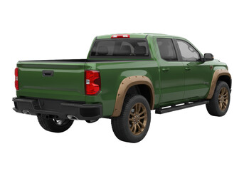 Isolated green pickup truck car automobile vehicle, off road tires and fender flares, back angle © Sergiu