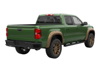 Isolated green pickup truck car automobile vehicle, off road tires and fender flares, back angle