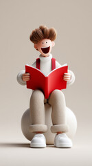 Abstract boy in full length smiling while reading red book in cozy beige clothes. Concept of e-learning, digital education, and joyful online study for children.